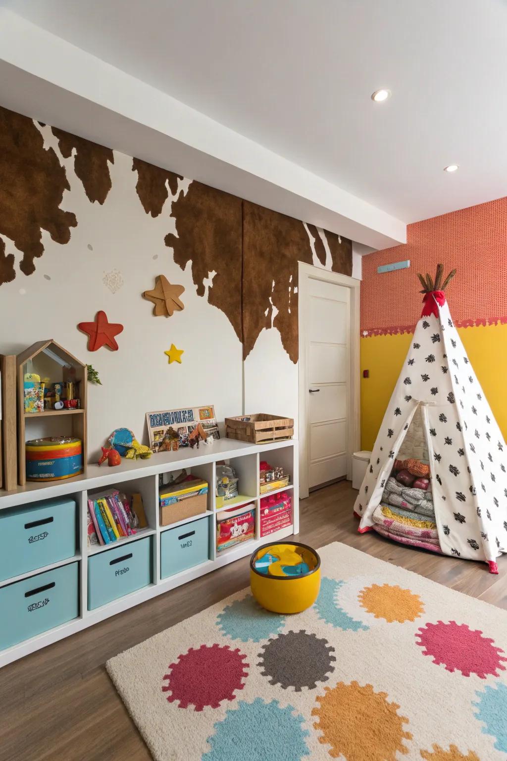 A playful kids' room featuring chic cowhide wall decor.