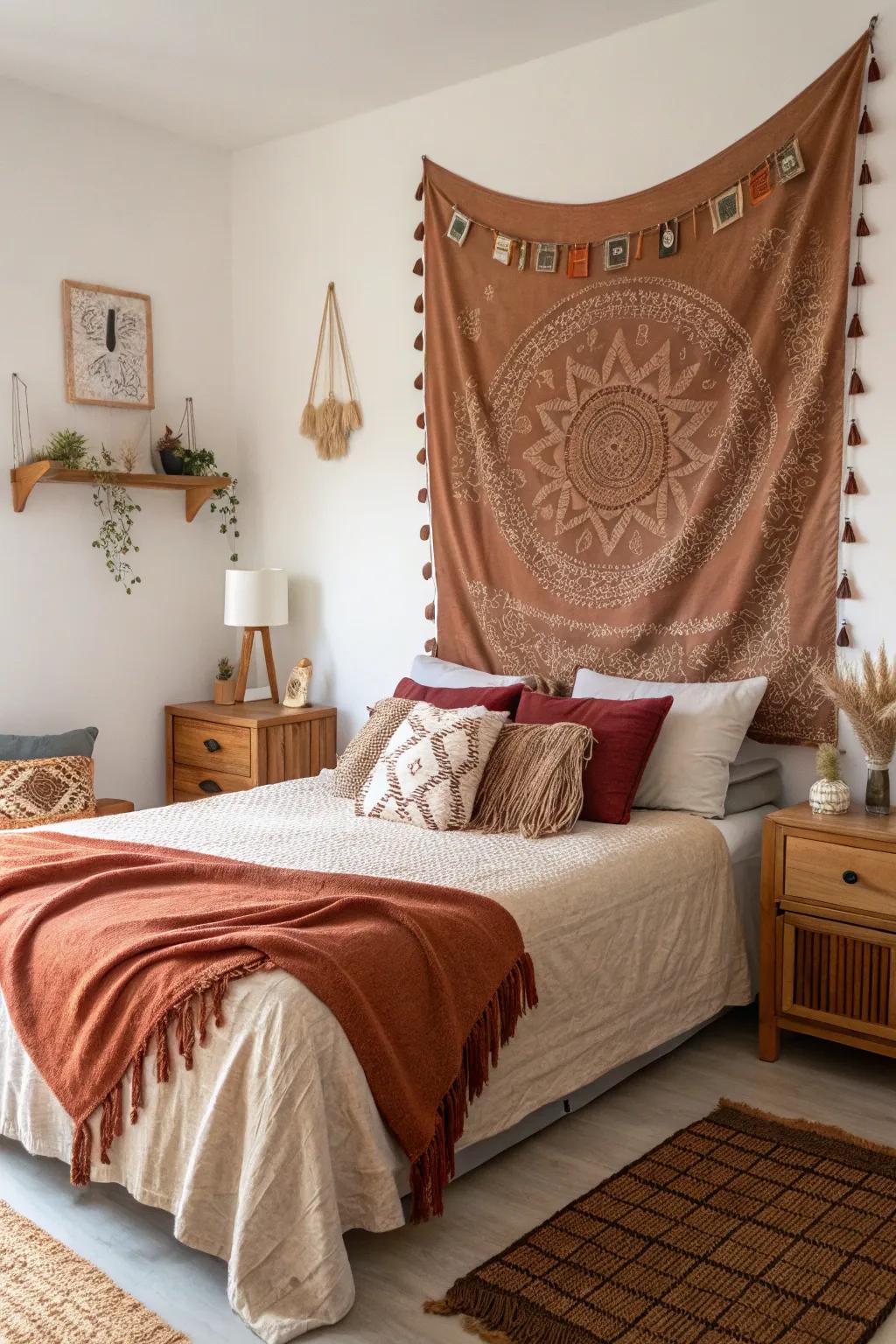 A bedroom enriched by a brown-toned drape feature, amplifying a sense of depth.