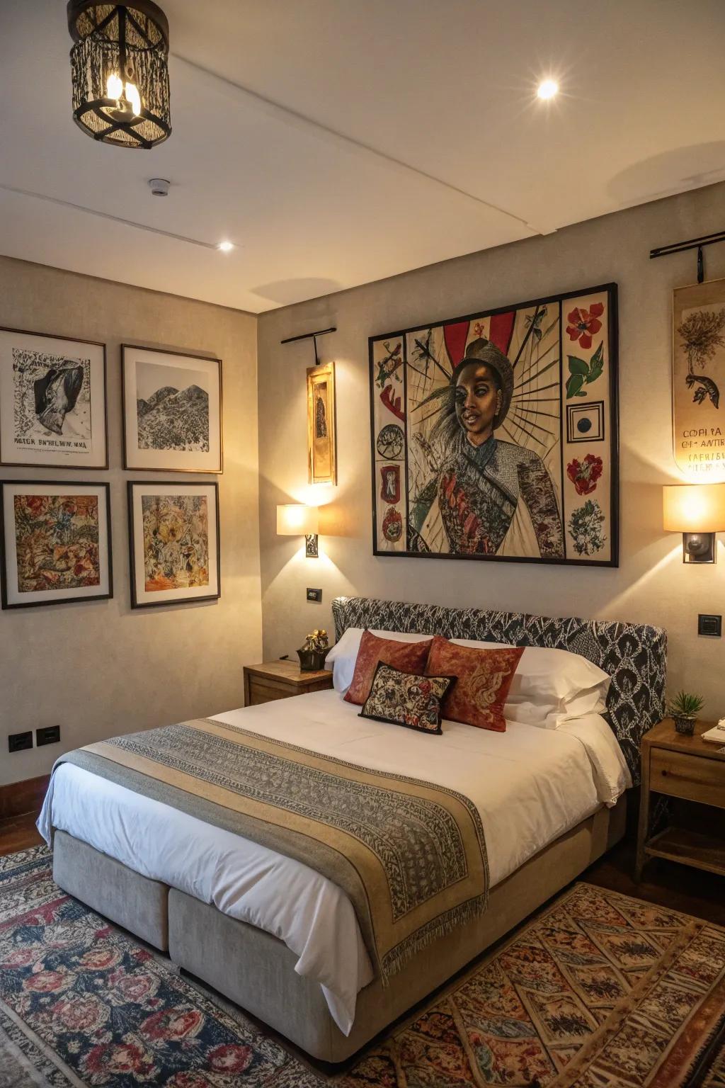 Unique art pieces add a personal touch and a 'wow' factor to the bedroom.