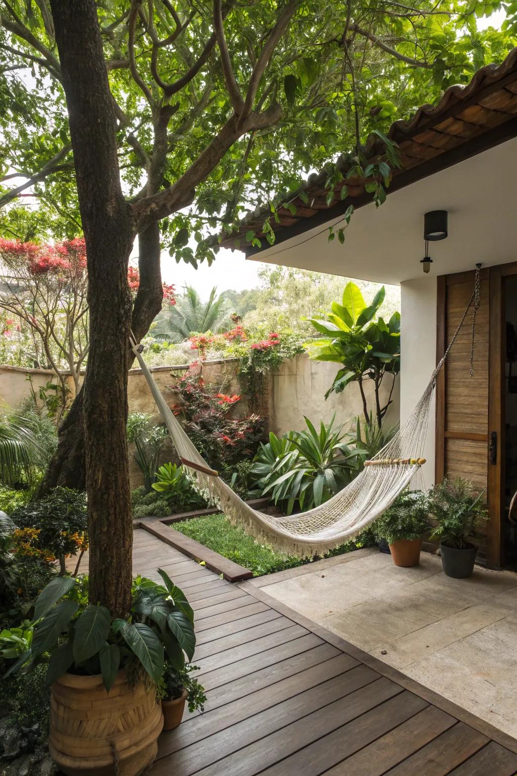 Unexpected elements like hammocks add fun and relaxation.