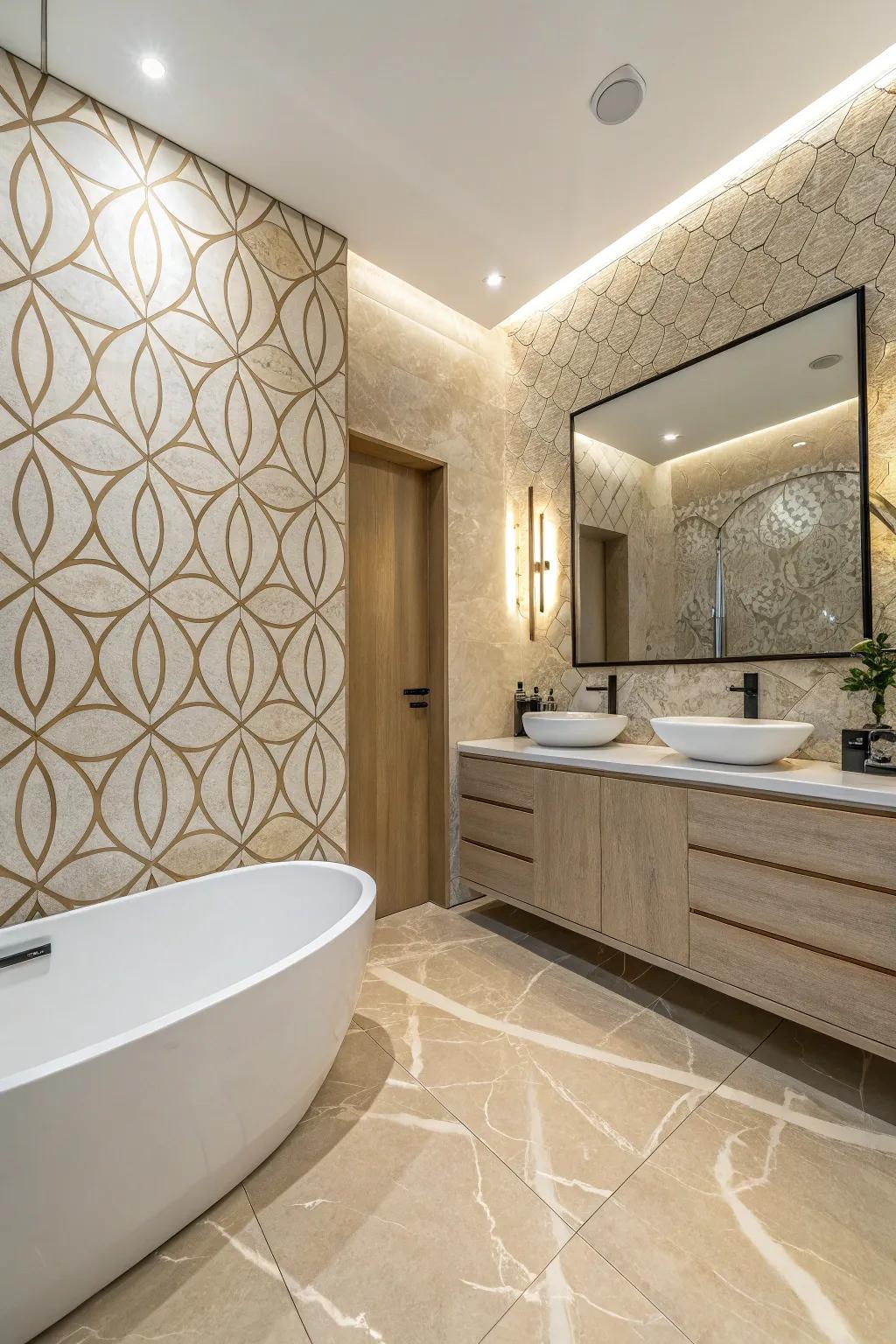 Uncommon patterns in crema marfil introduce a unique twist to the design.