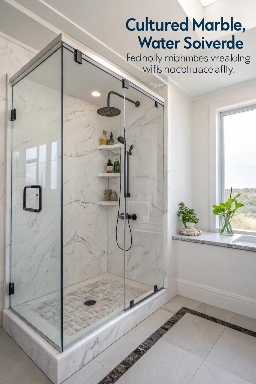 Eco-conscious elements complement the elegance and sustainability of cultured marble showers.