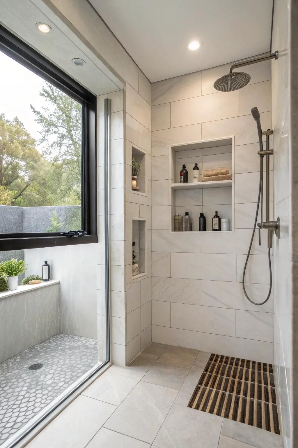 A shower niche adds both style and function in this sleek shower design.