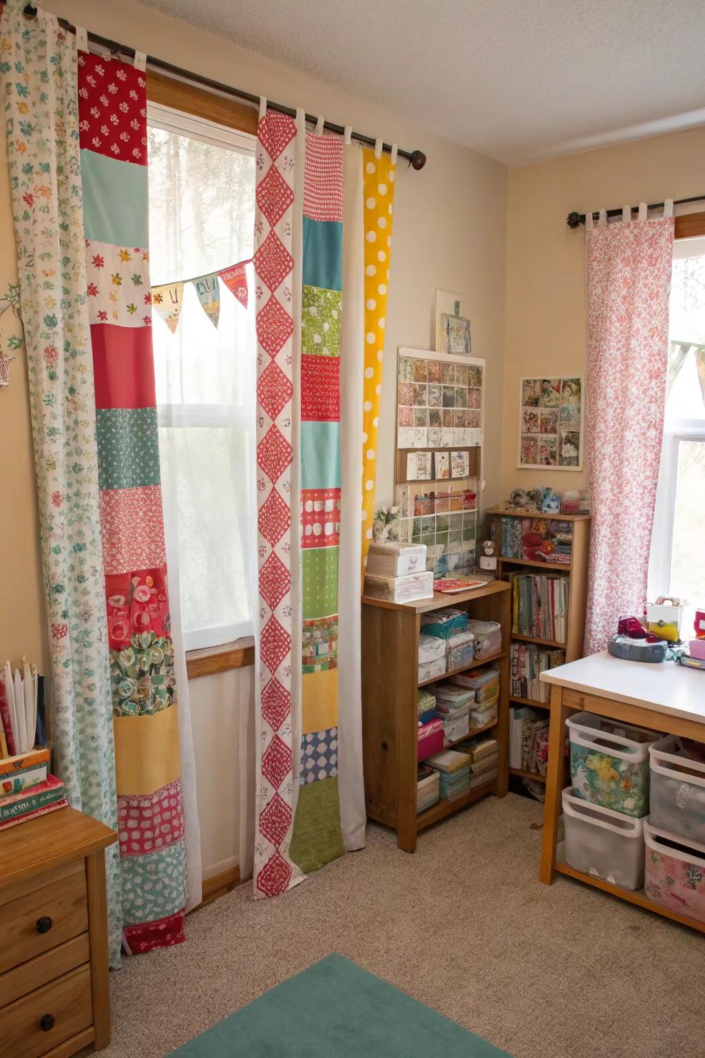 Patchwork window coverings bring playfulness and creativity.