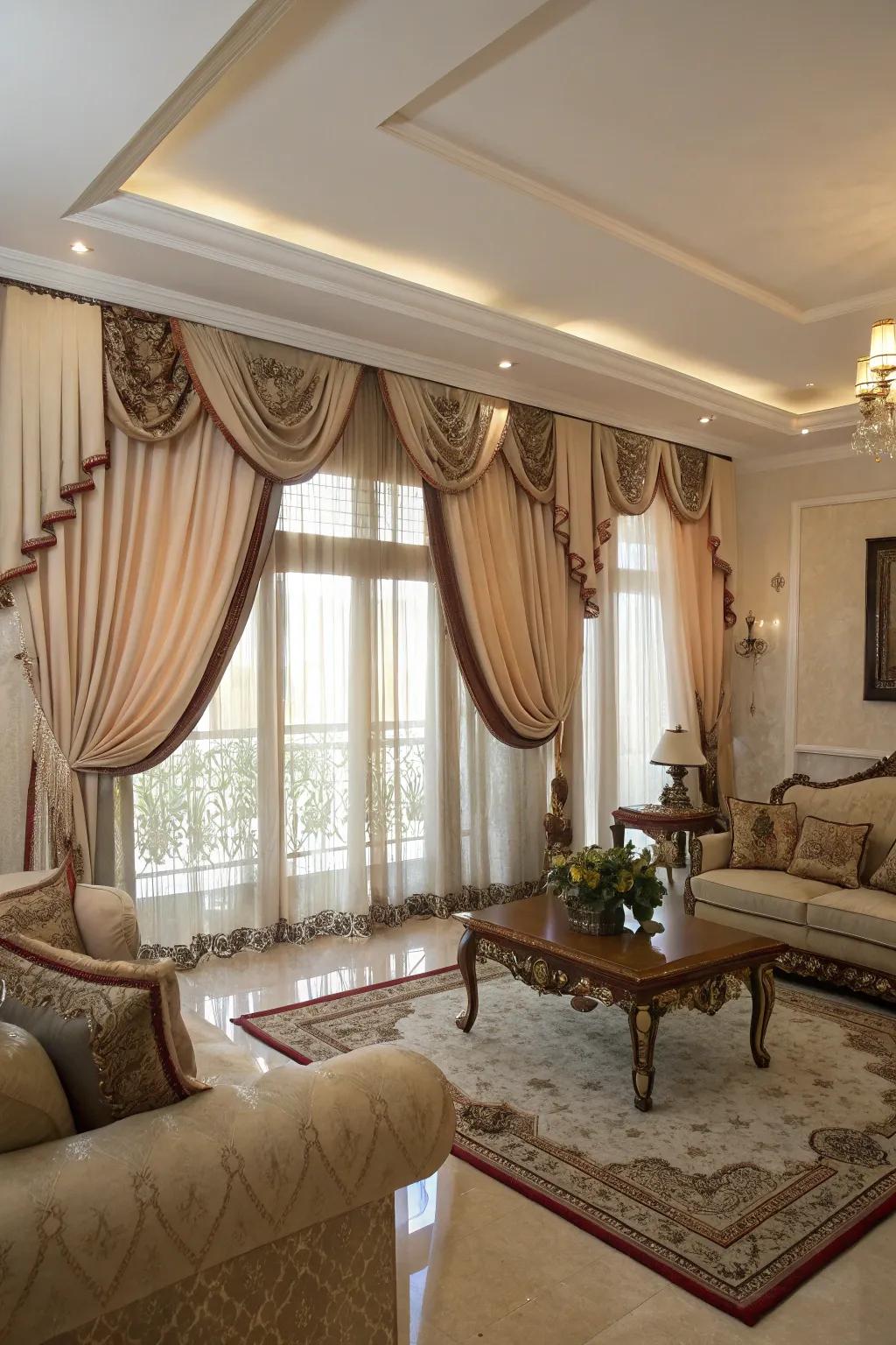 Opulent living room curtains with gloss band <strong>details</strong>.&rdquo; loading=&rdquo;lazy&rdquo; class=&rdquo;pimg&rdquo;>
	</picture><figcaption>Opulent living room curtains with gloss band <strong>details</strong>.</figcaption></figure>
<p>Gloss bands can enhance a luxurious and polished finish. I applied gloss band <strong>details</strong> in a client&rsquo;s formal living room, adding a subtle touch of opulence.</p>
<h3>You might like:</h3>
<ul class=
