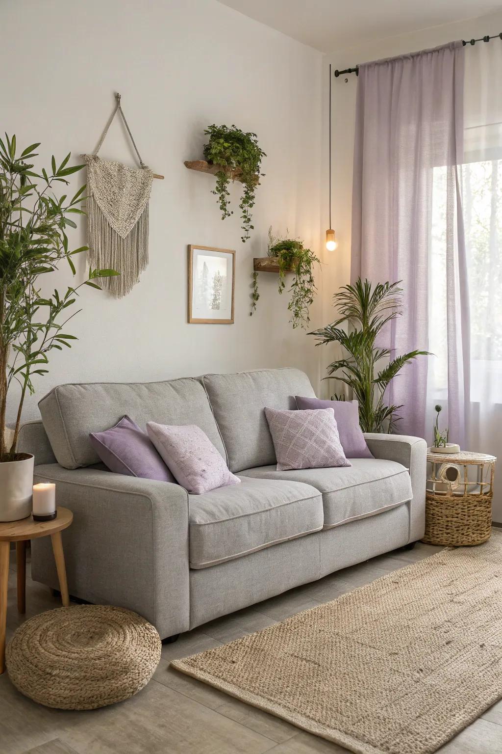 Lilac cushions fashion a tranquil oasis over a charcoal couch.