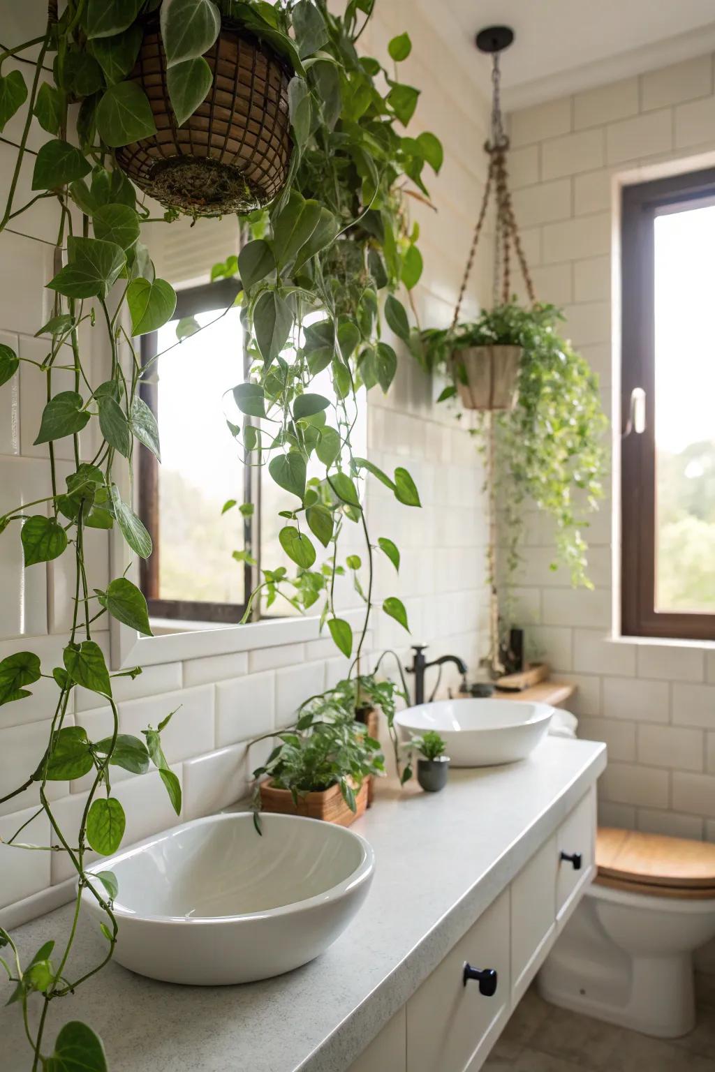Hanging plants bring organic beauty and an invigorating element to your restroom.