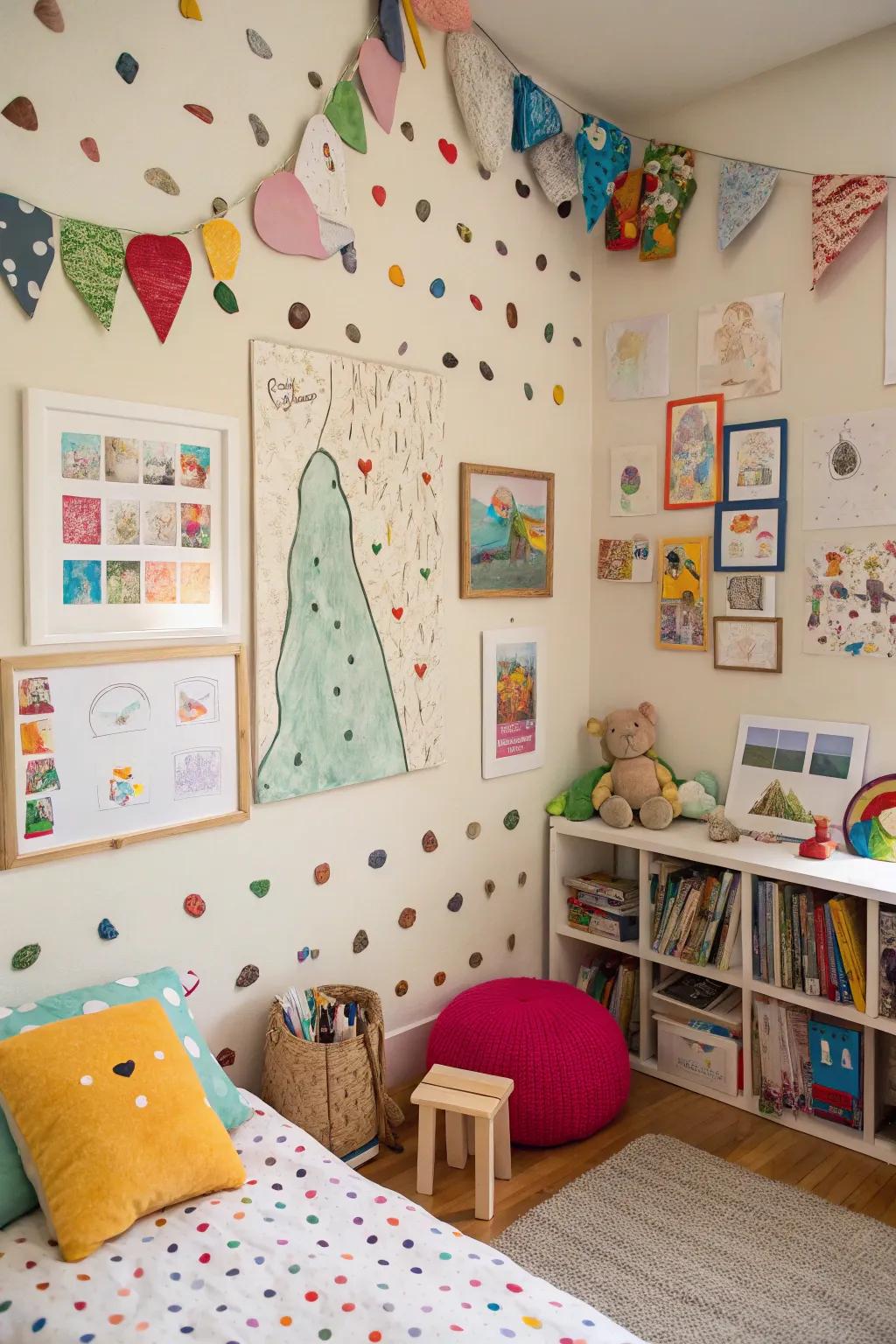 Handmade art projects add a personal and ingenious touch to the room.