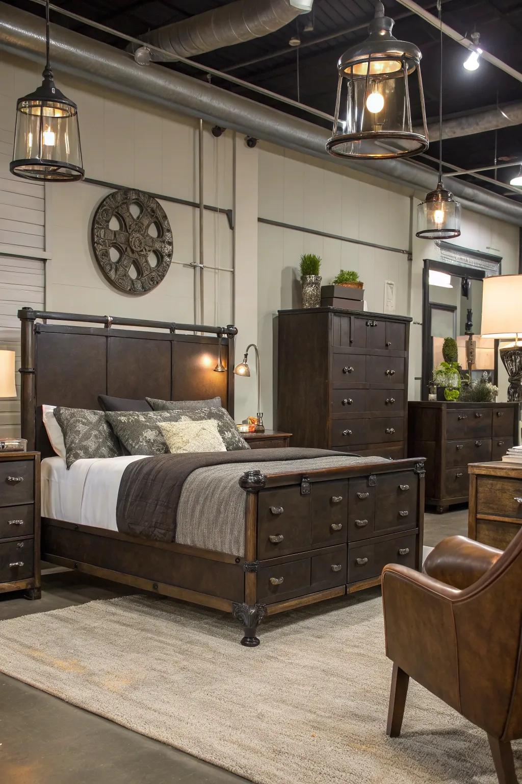 Modernized elements add contemporary contrast to deep brown décor.