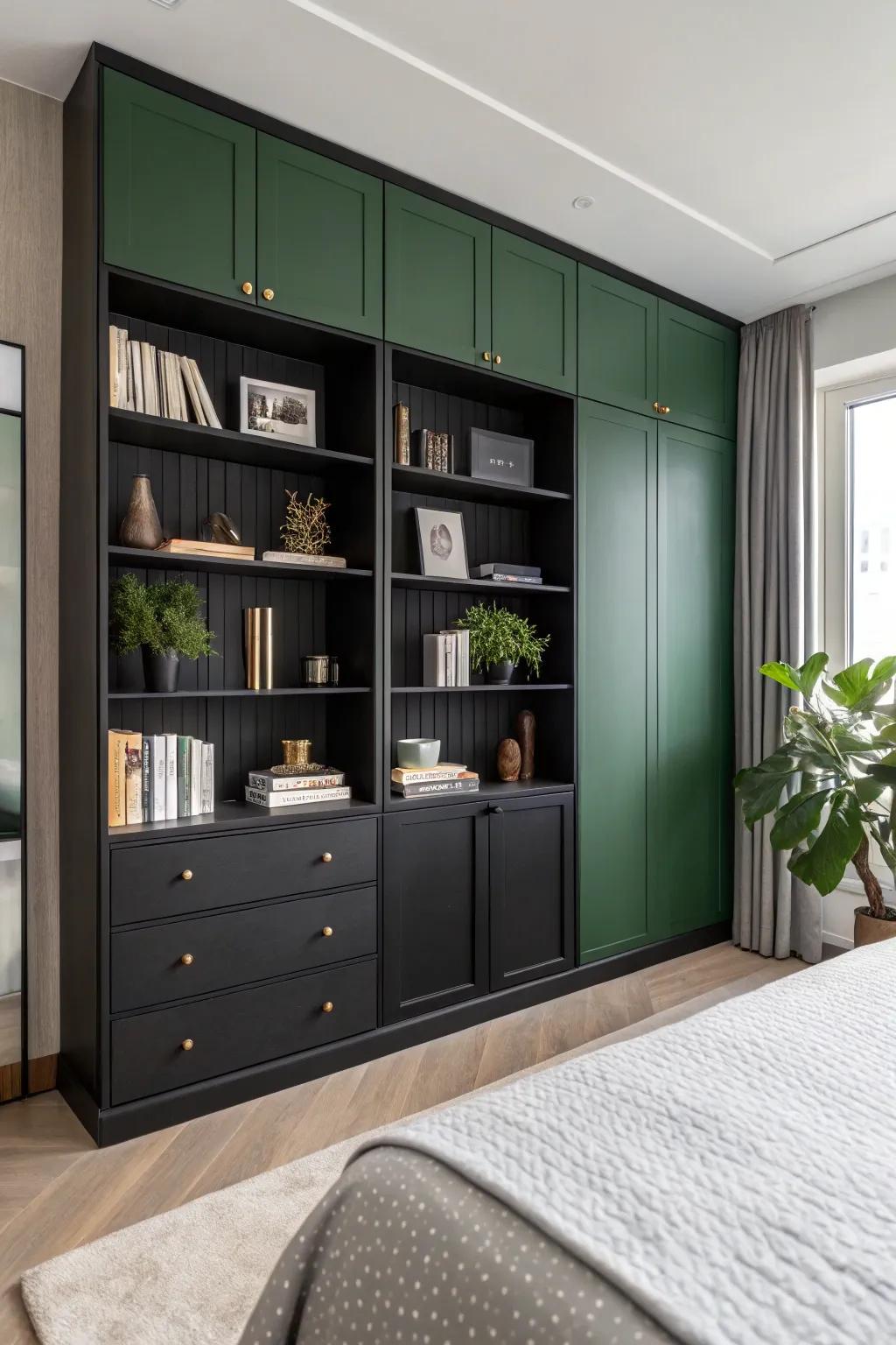 Shelving with a green backdrop adds a unique touch.