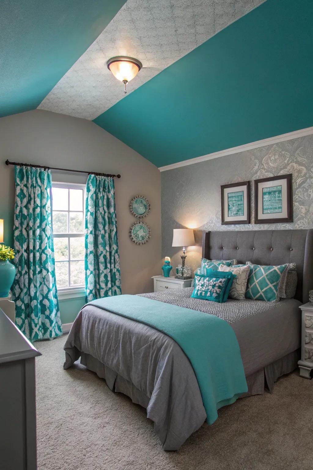 A teal ceiling creates a unique and cozy atmosphere.
