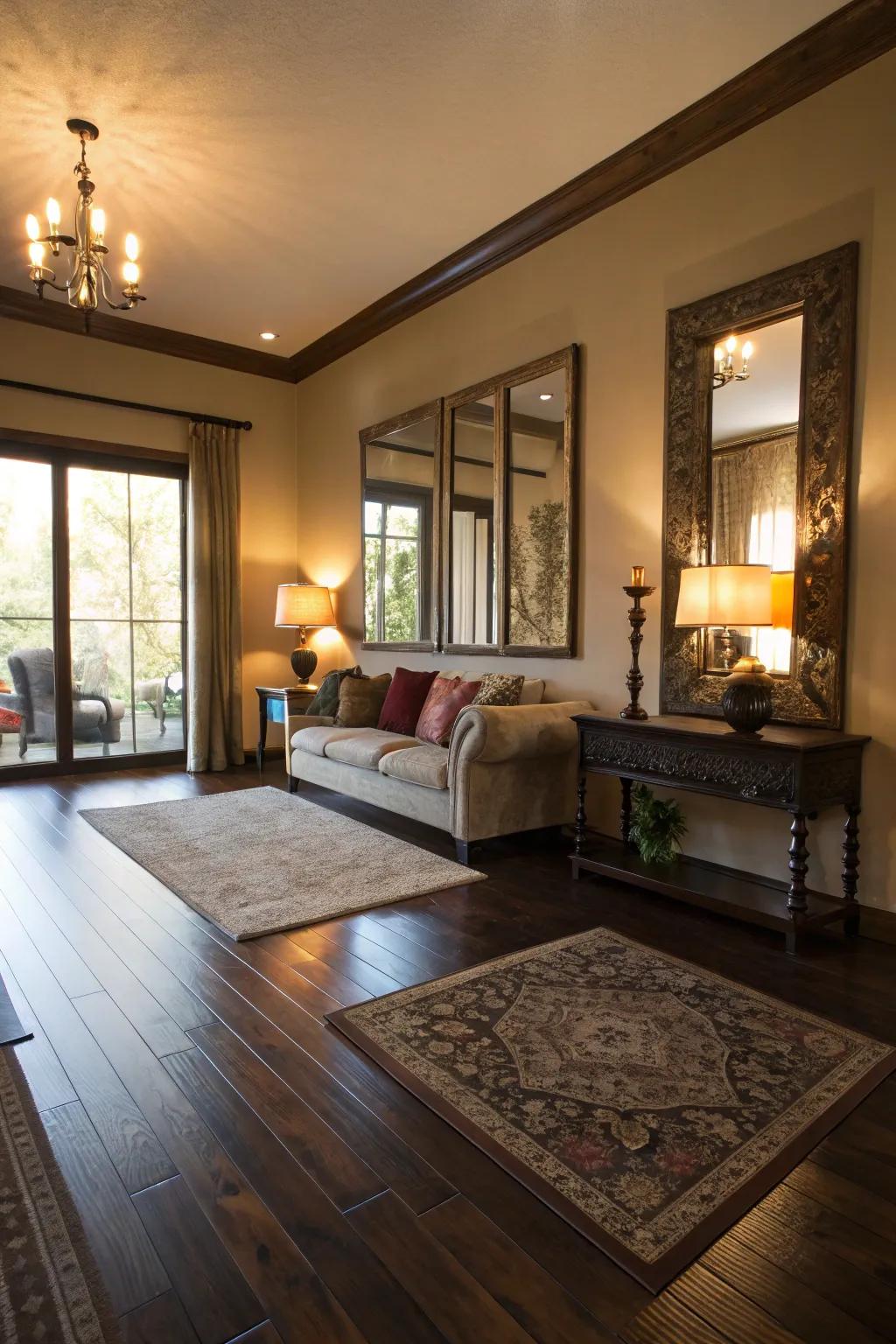 Reflectors amplify light and space in rooms with <strong>dark wood floors</strong>.&rdquo; loading=&rdquo;lazy&rdquo; class=&rdquo;pimg&rdquo;>
	</picture><figcaption>Reflectors amplify light and space in rooms with <strong>dark wood floors</strong>.</figcaption></figure>
<p>Strategically place reflectors to mirror light and build a perception of space. This approach brightens the area and enhances the dark flooring.</p>
<h3>Some ideas to consider:</h3>
<ul class=