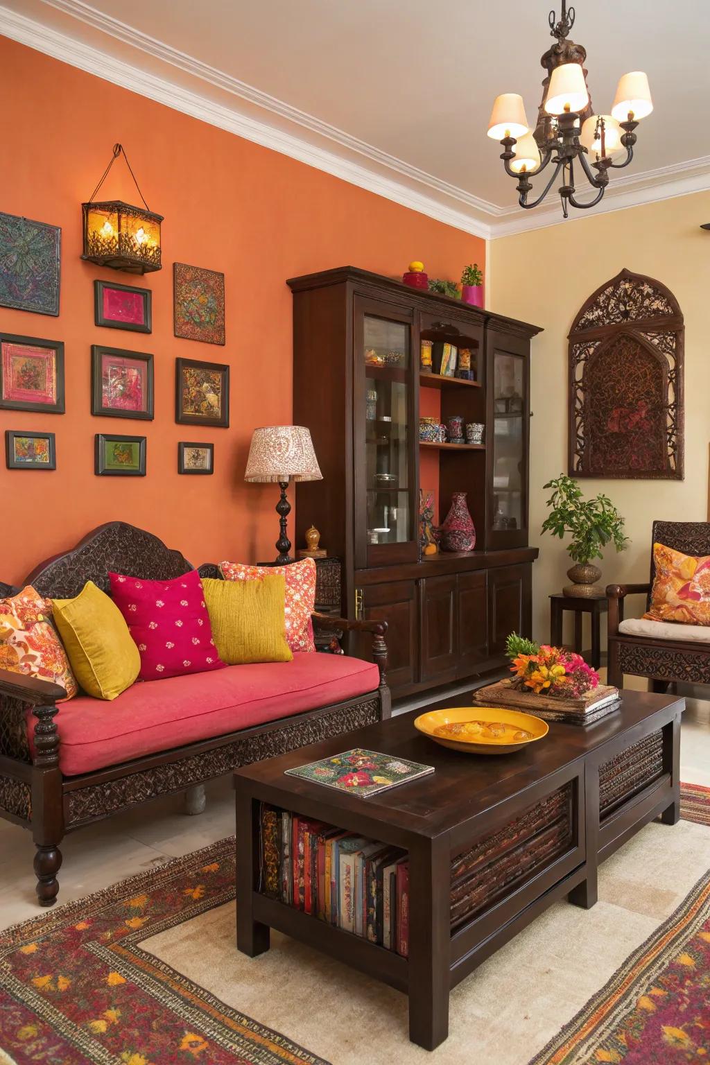 Colorful accents breathe life into spaces featuring dark wood.