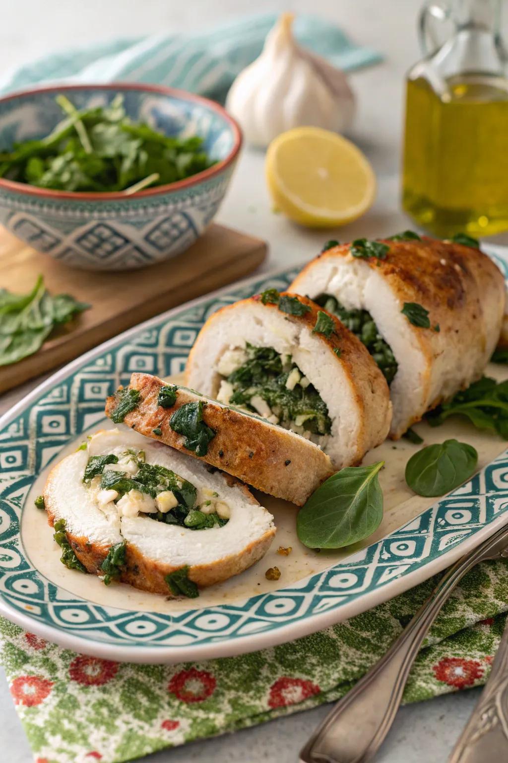 Greens and cheese packed fowl, a flavorful and satisfying December choice.