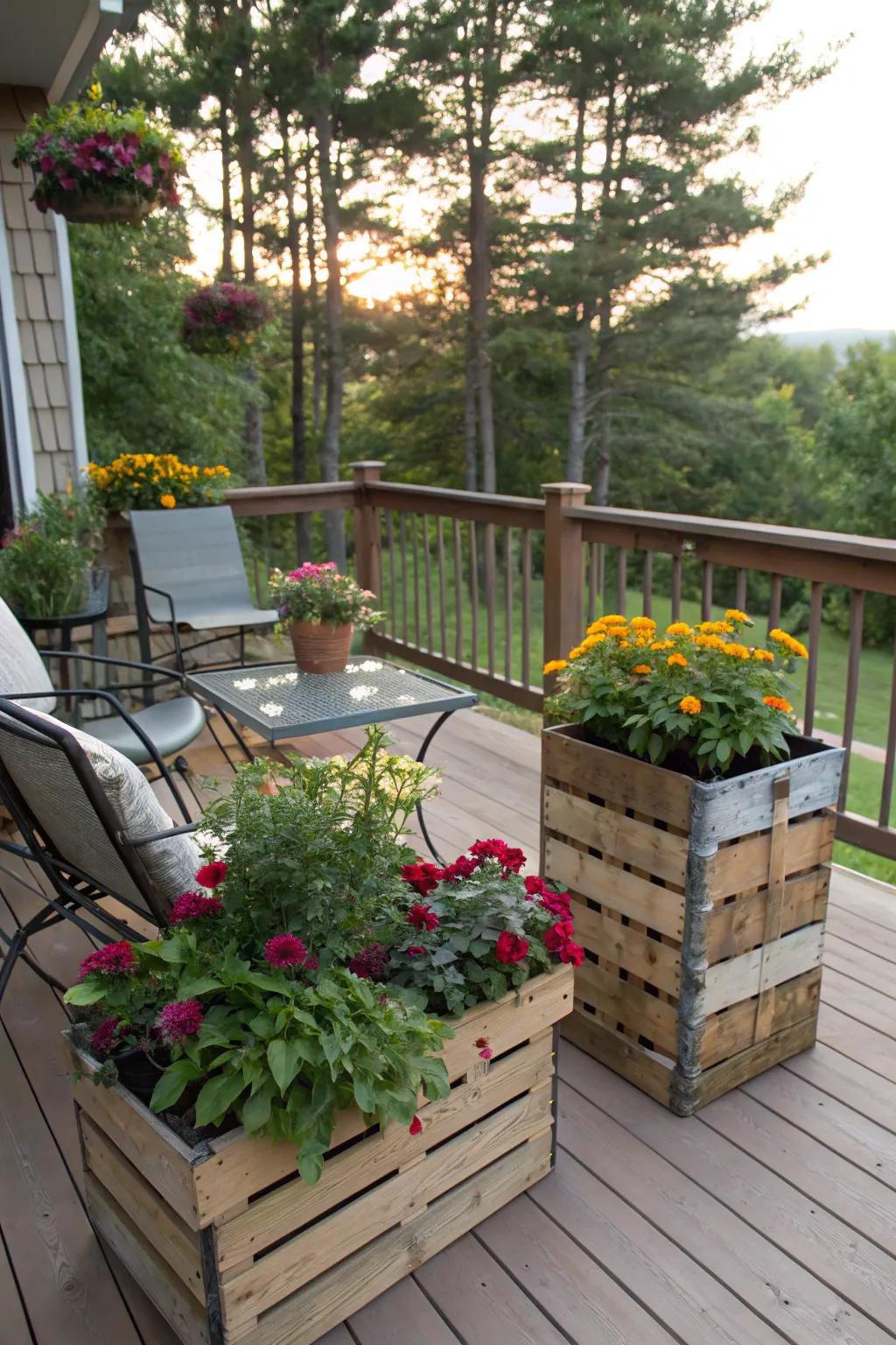 Upcycled planters inject charm and promote sustainability on your deck.