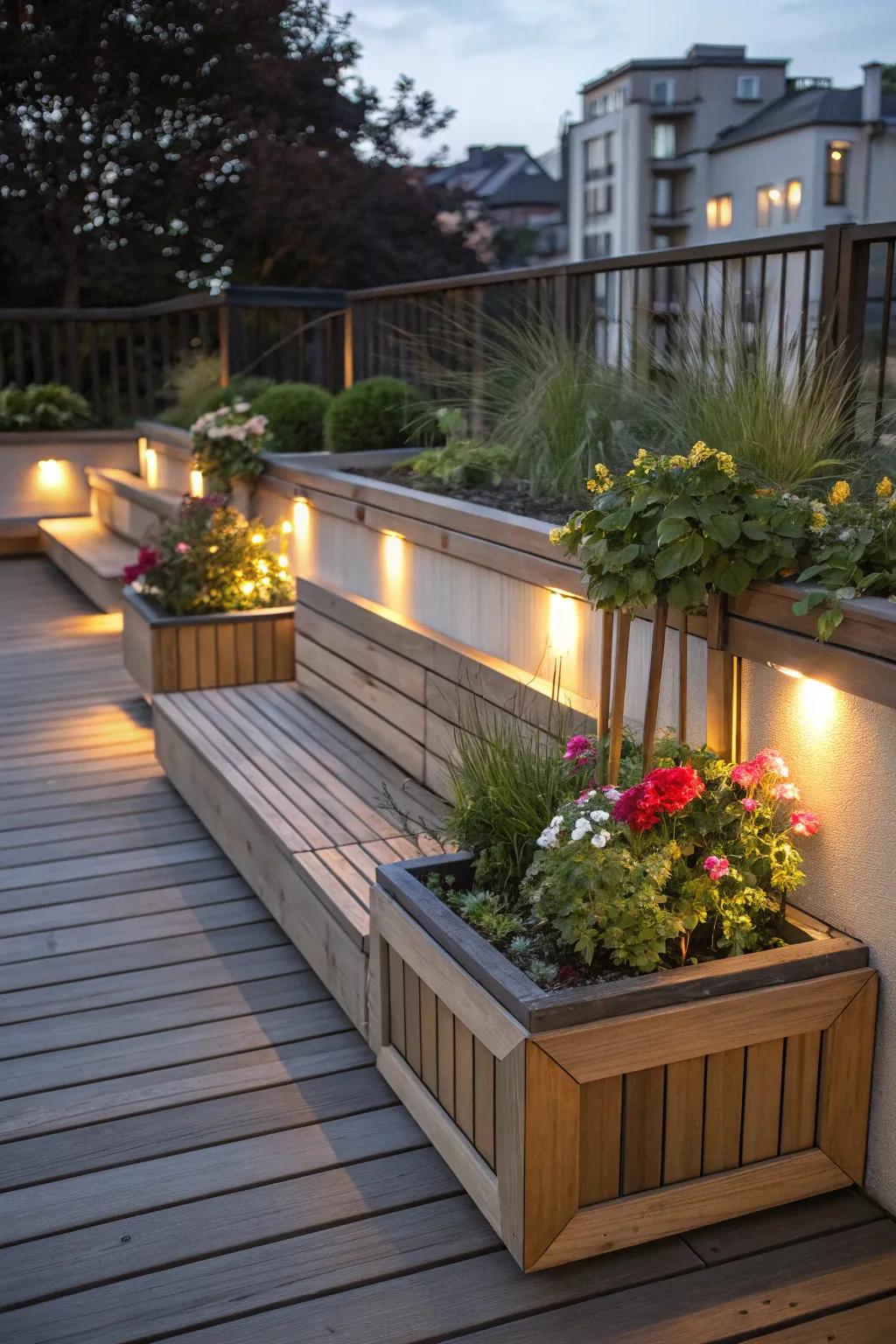 Night charm highlighting illuminated benches and greenery.