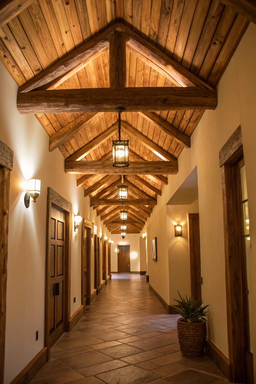 Hallways are given depth and unexpected charm with beams.