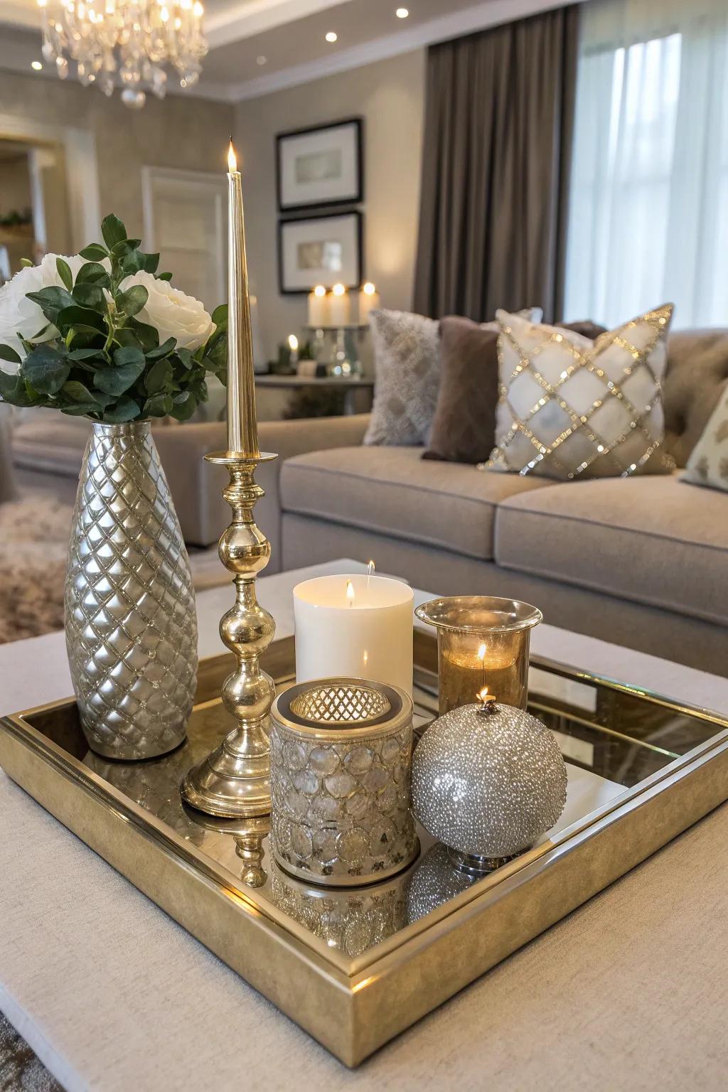 Refined shine with metallic accents on a platter.