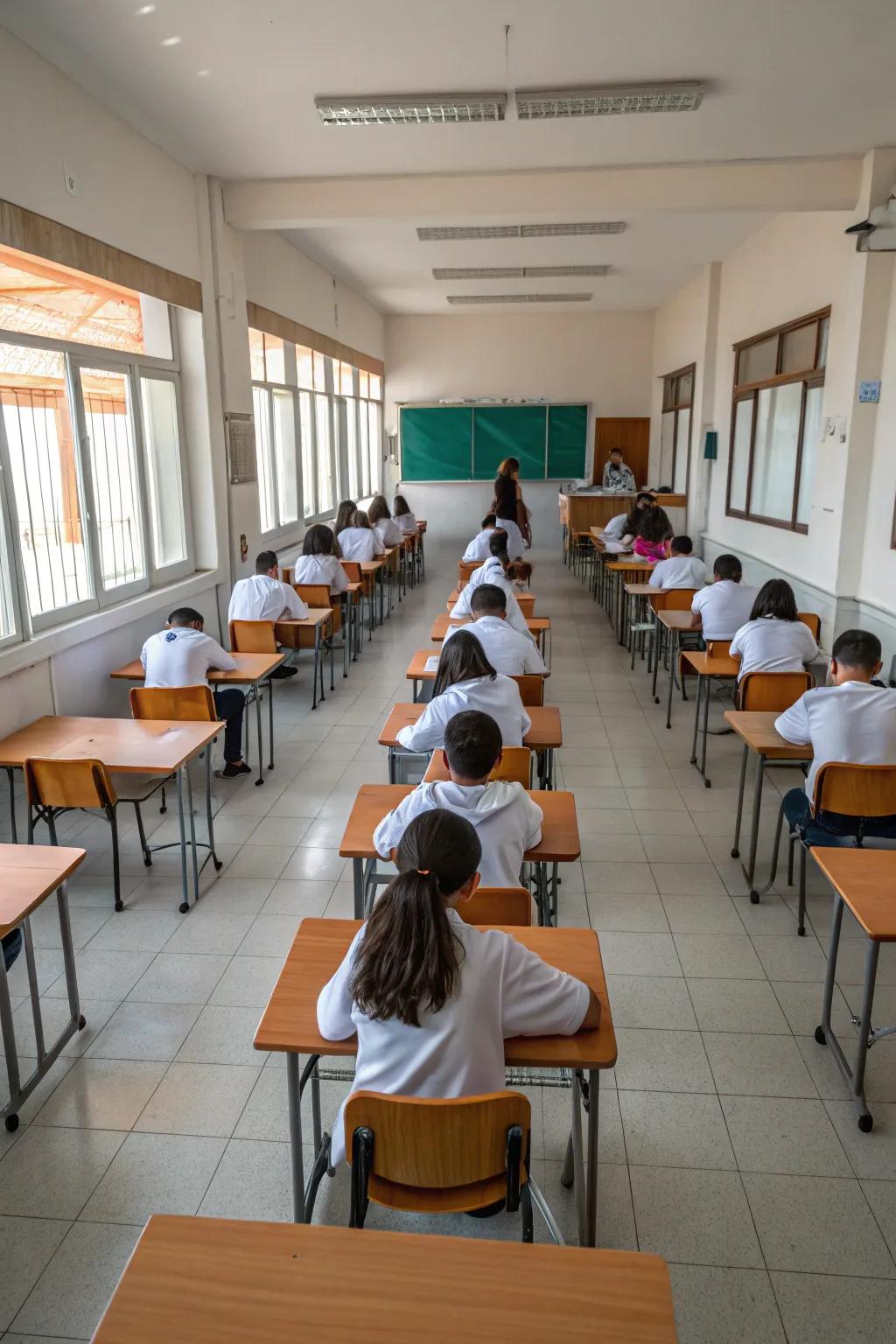 Symmetrical desk setups make the classroom feel calm and organized.