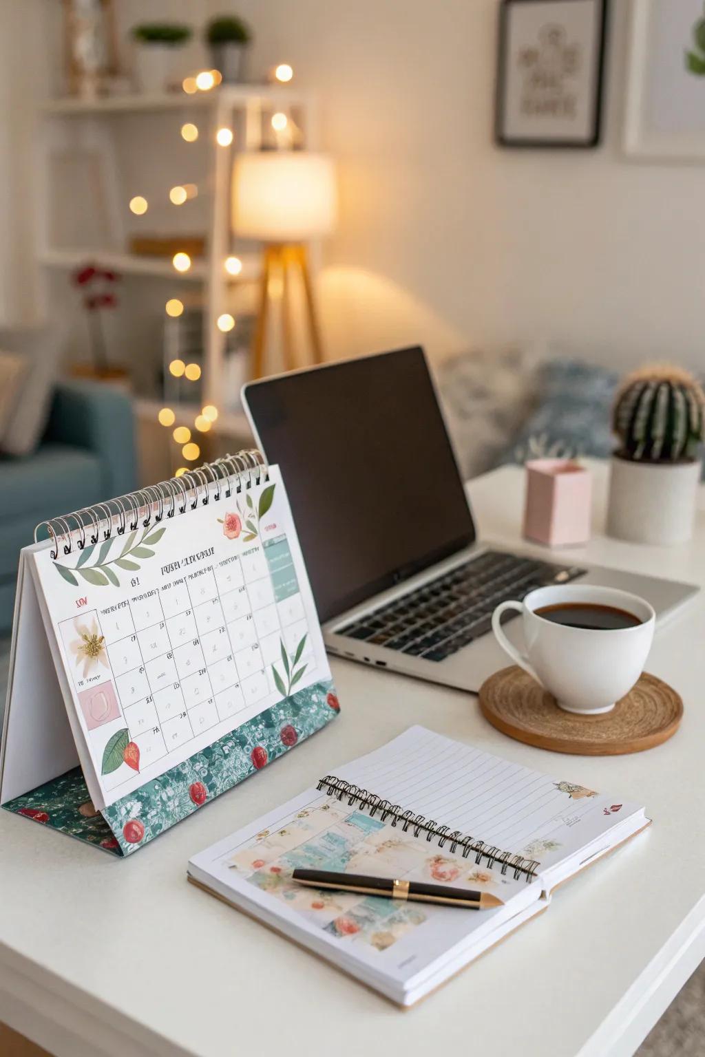 A desk calendar provides functionality and style.
