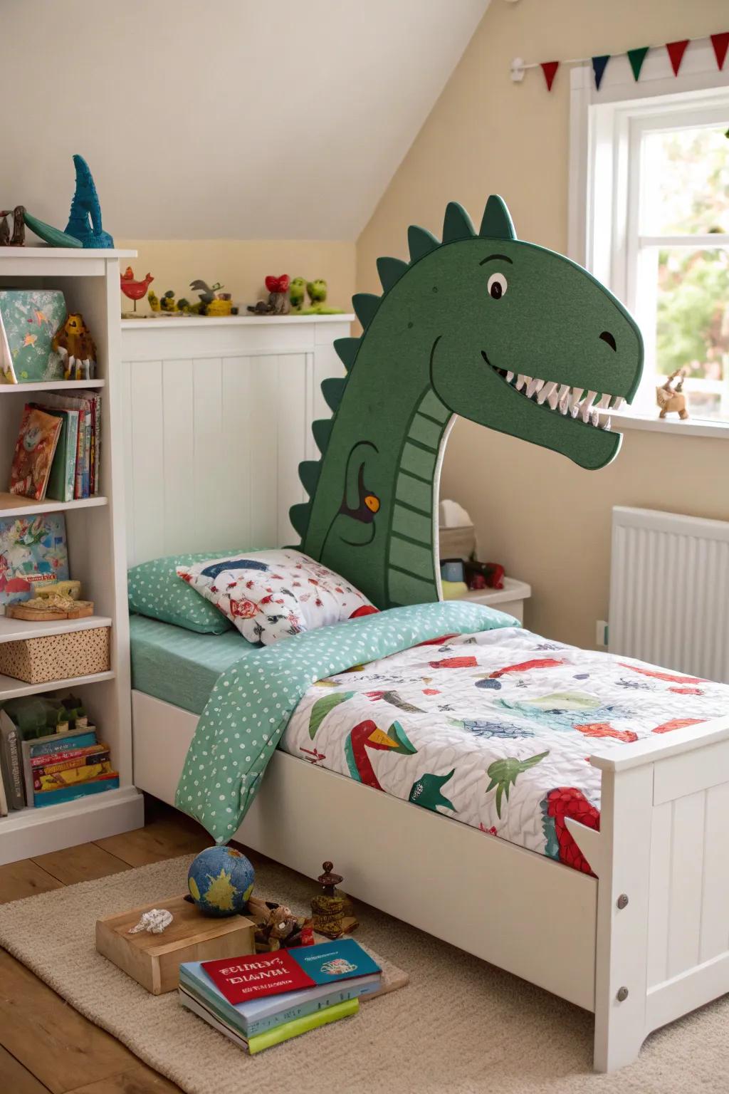 A custom dinosaur headboard that adds a dramatic touch.