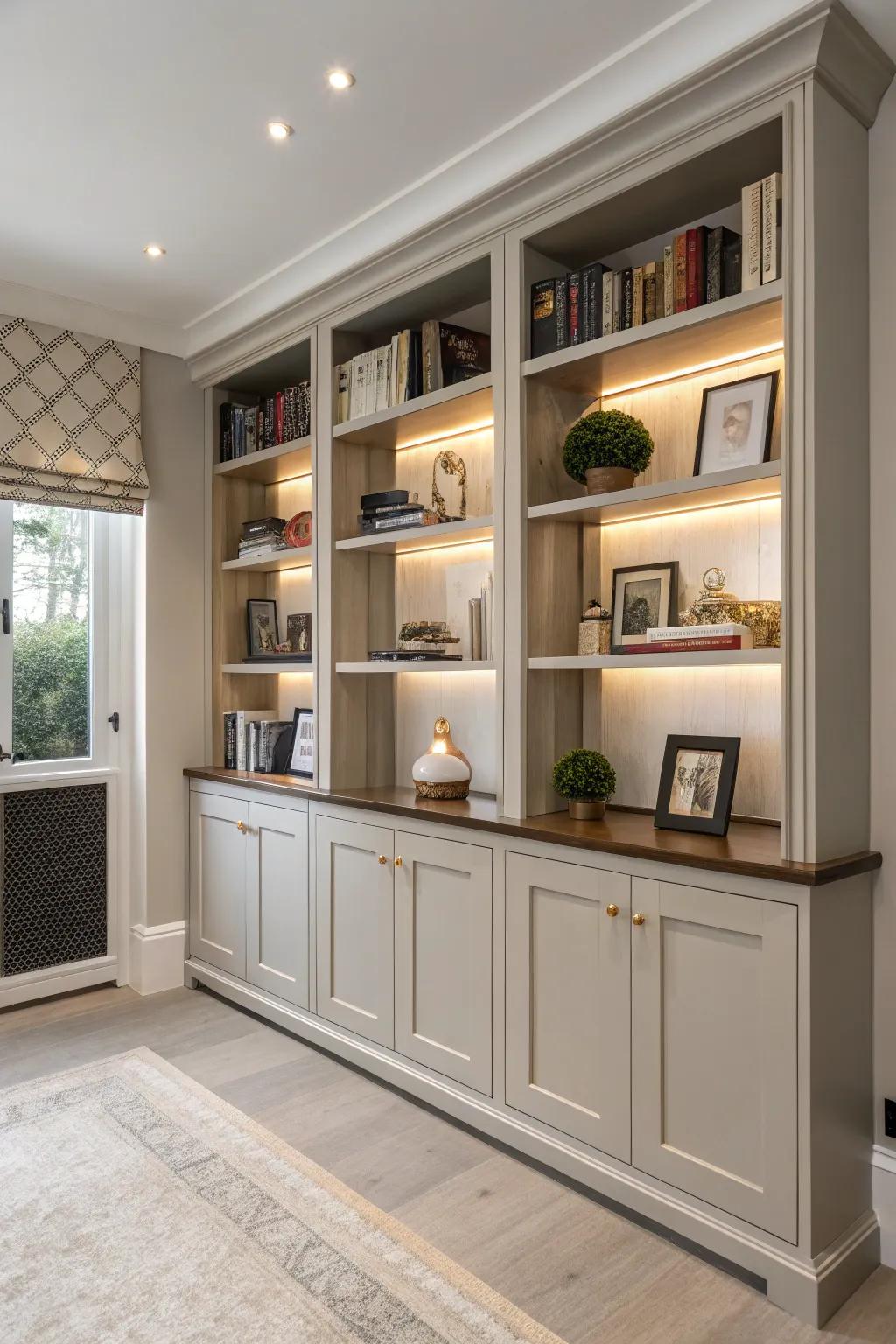 Mix of closed and open storage on shelves.