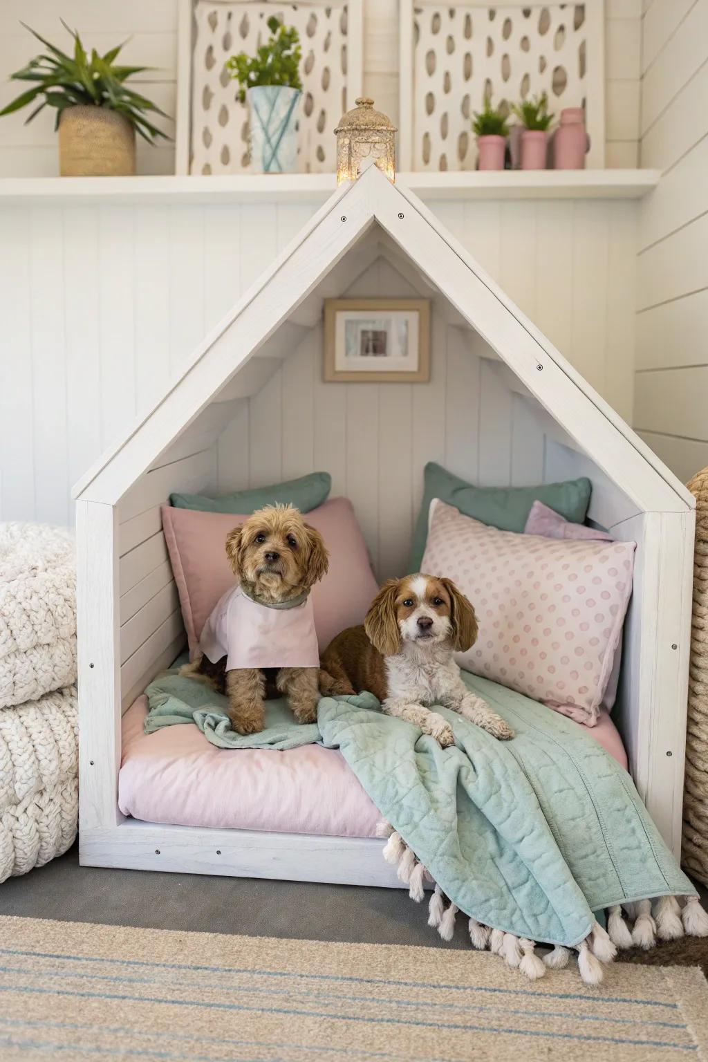 A symmetrical canine nook showcasing balanced d&eacute;cor and comfortable bedding for a serene ambiance.