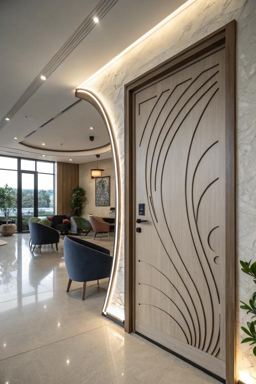 Make a statement with a uniquely designed curved door that exudes artistic flair.