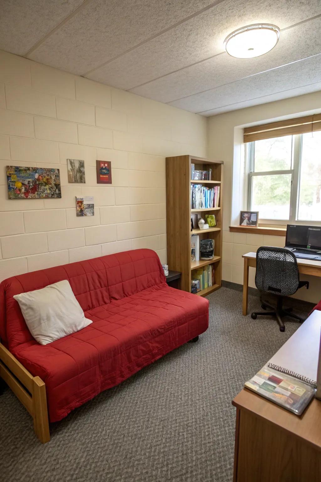 A striking red sofa energizing the neutral tones of this dorm room.