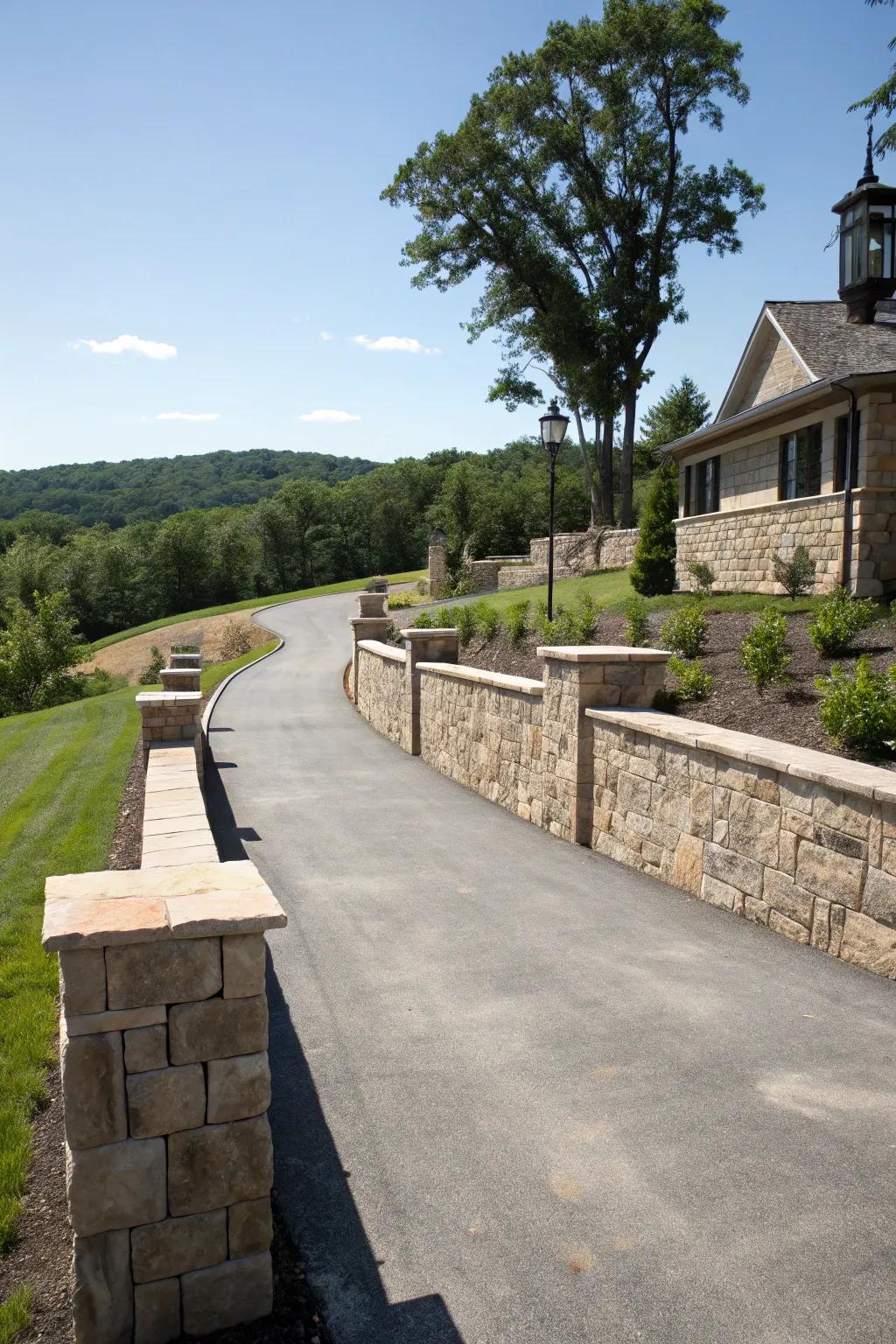 Stone guarding walls append measurement and elegance to sloped driveways.
