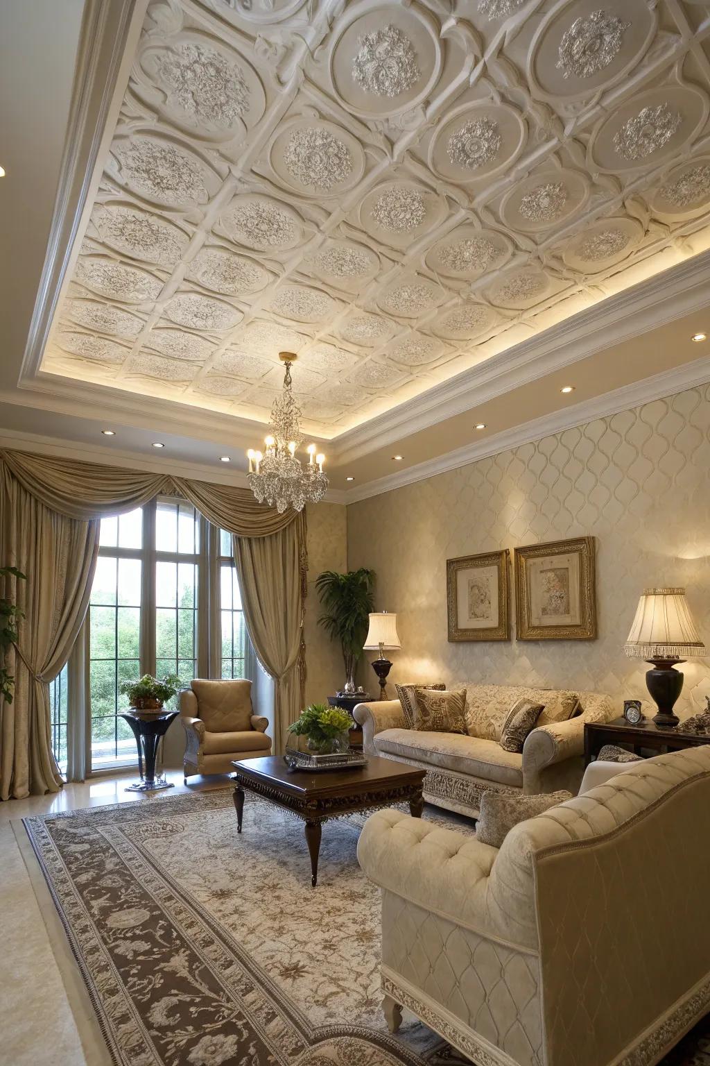 Attainable luxurious appeal through textured faux finish ceiling squares.