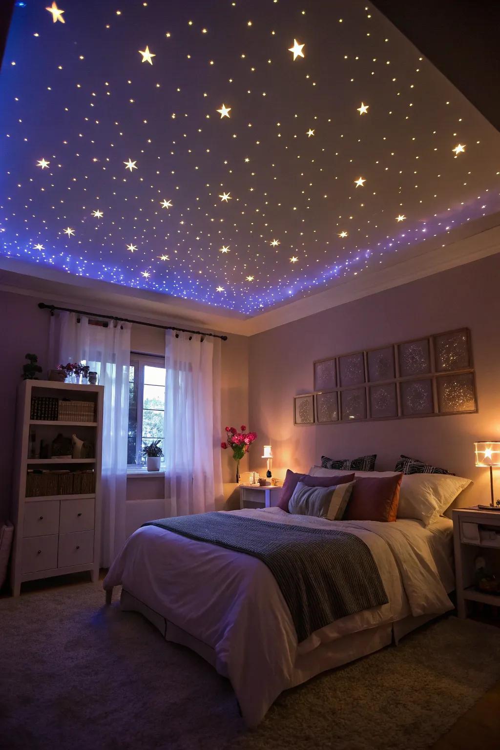 A starry night ceiling creates a dreamy atmosphere in this bedroom.