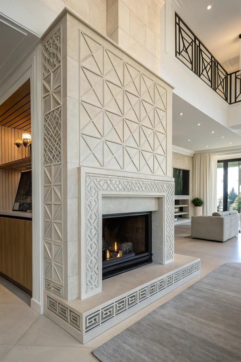 Angular designs bring a modern flair to a plasterboard hearth.