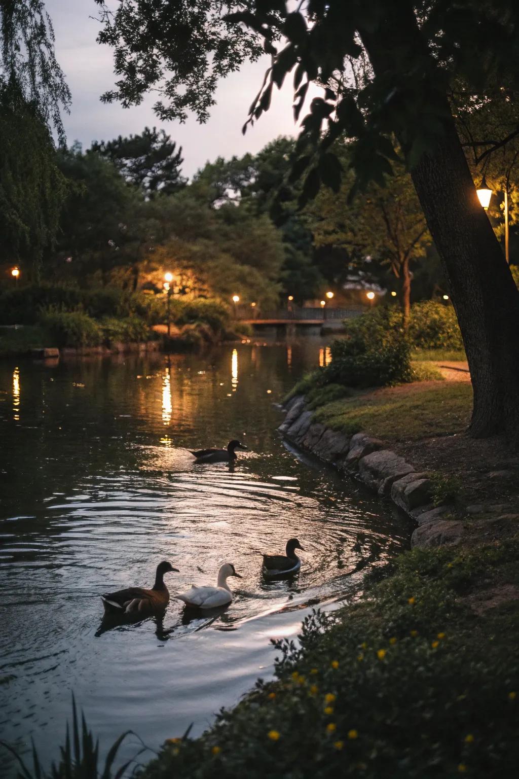 Gentle lighting changes a pond into a magical feature at night.