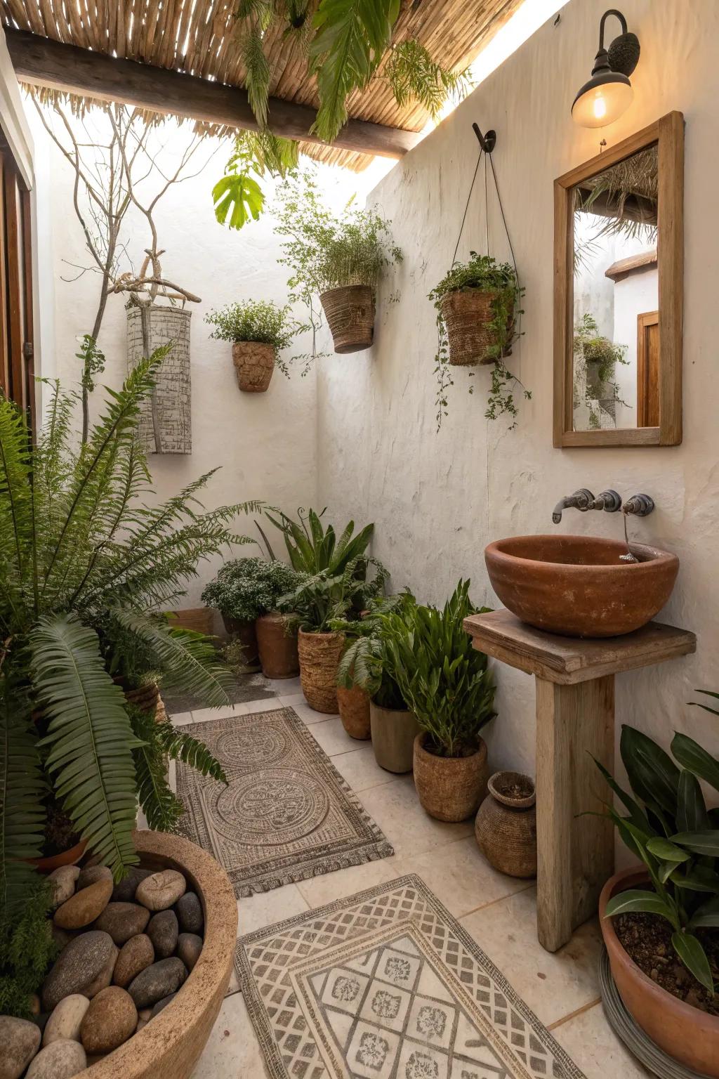 Clay pots for plants enhance the natural theme of the bathroom.