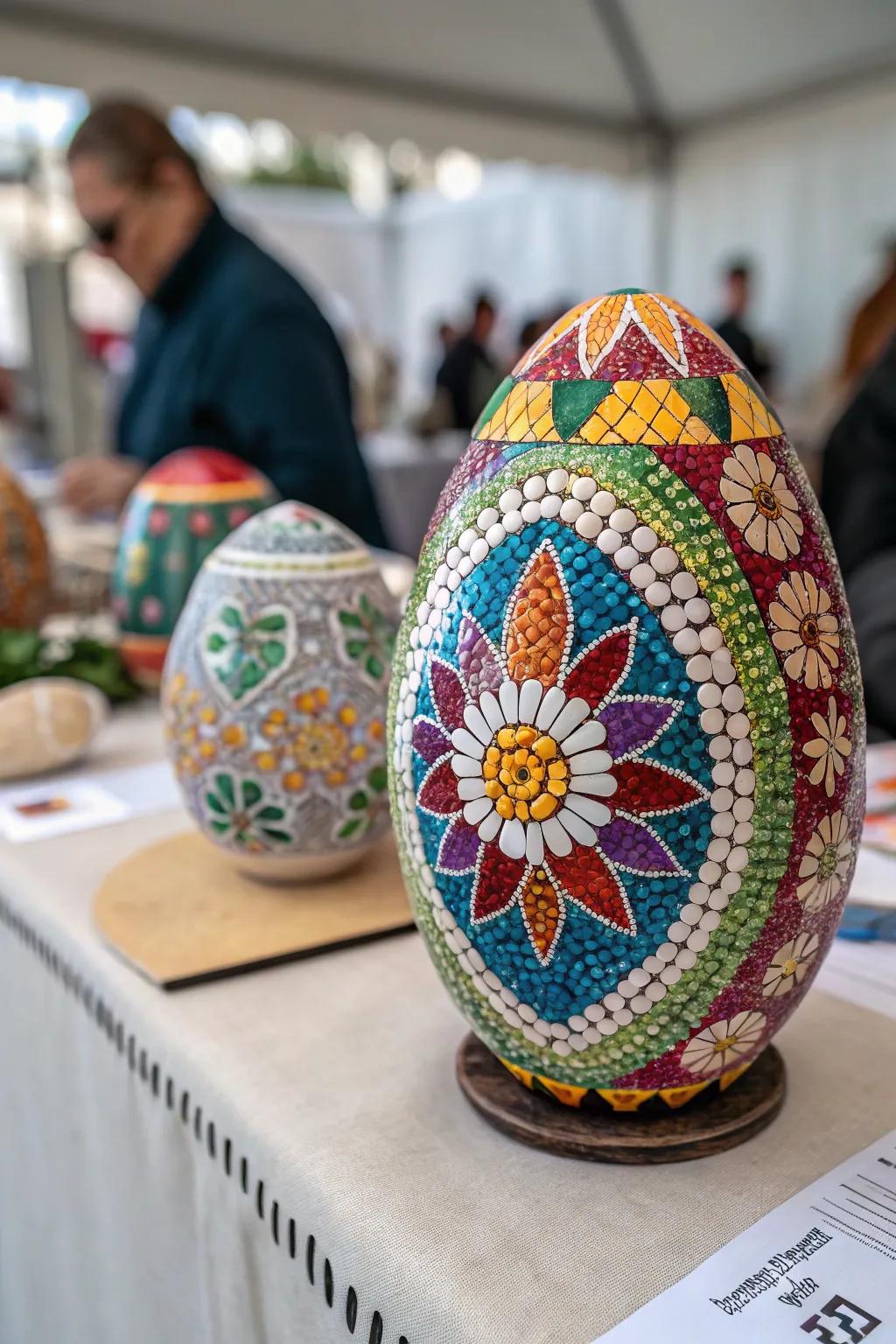 Inventive mosaic creation employing vibrant eggshells.