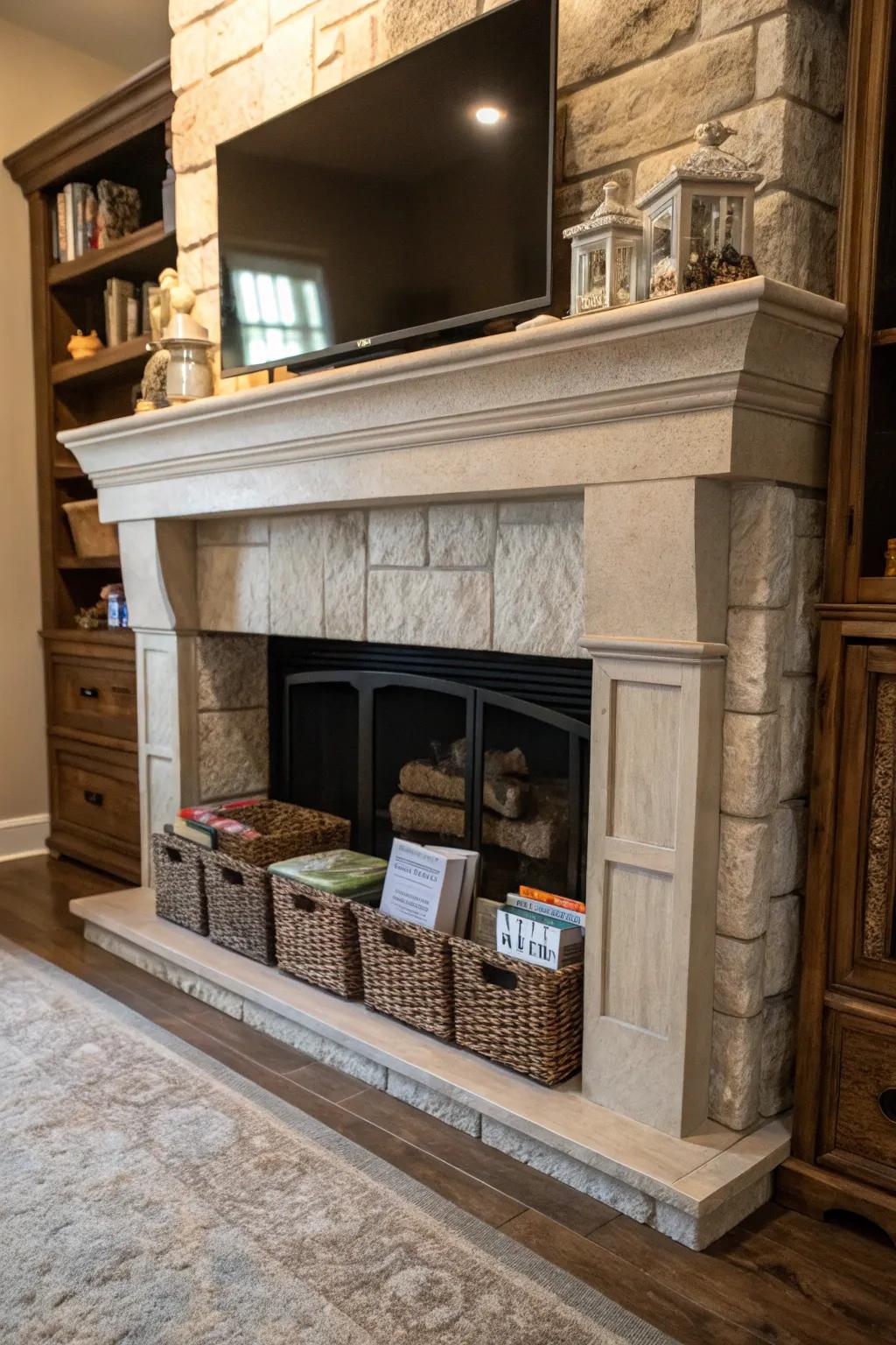 Incorporate functionality through concealed housing inside your fireplace.