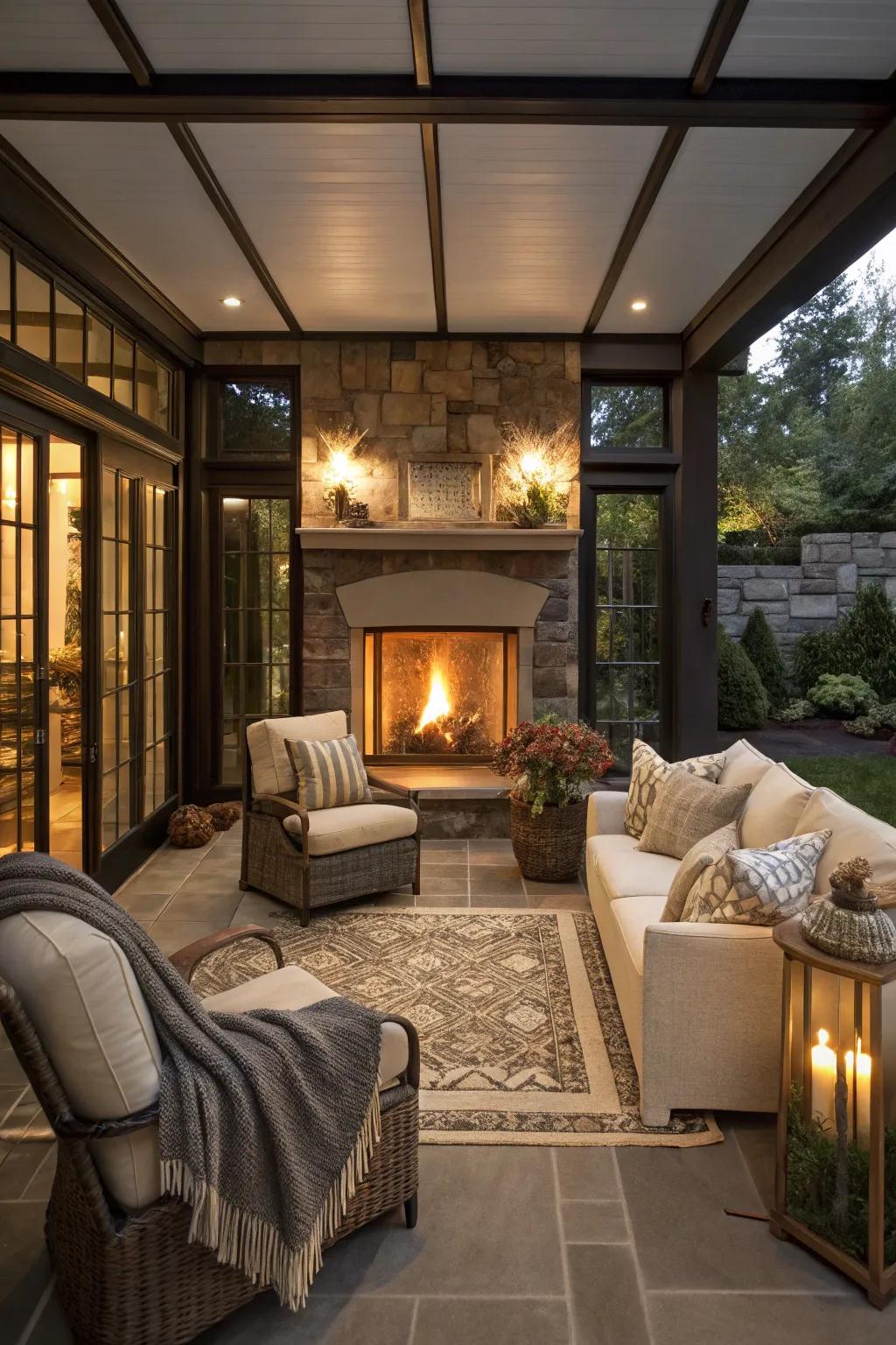 A warm and inviting patio with a central fireplace for cozy gatherings.