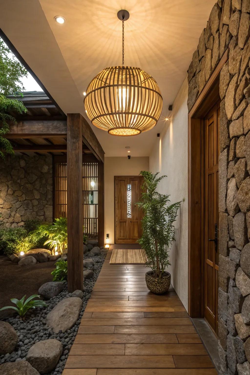 An entryway featuring a bamboo lighting fixture that creates an earthy and warm ambiance.