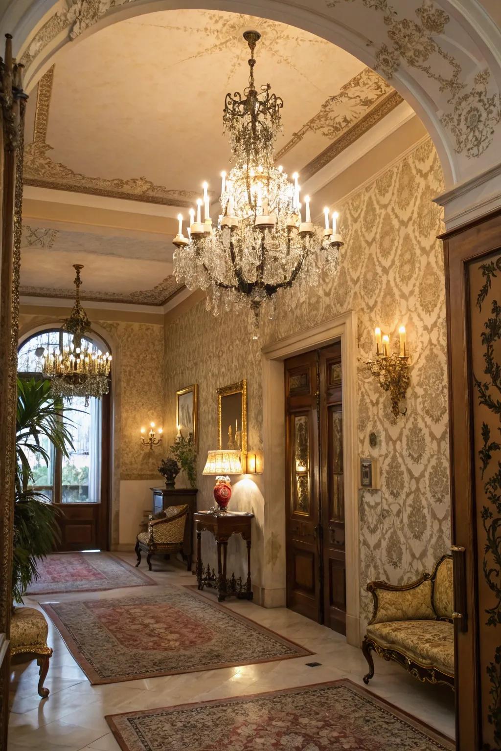 Sophisticated entryway with classic damask wallpaper for timeless elegance.