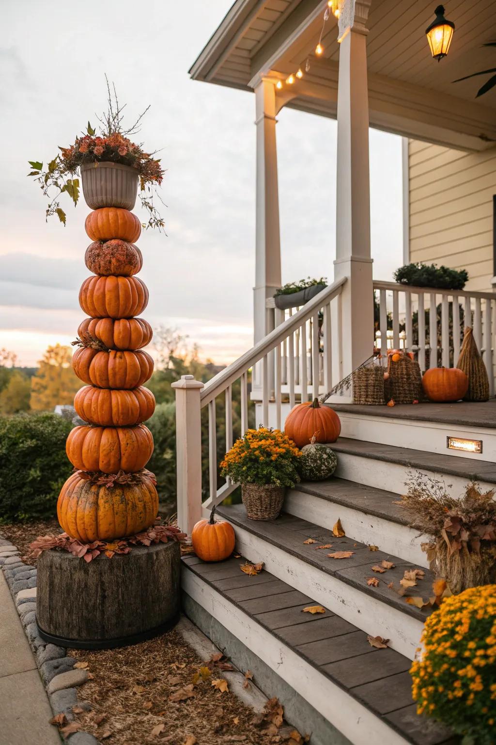 A gourd topiary contributes stature and creative flair to your autumnal veranda.