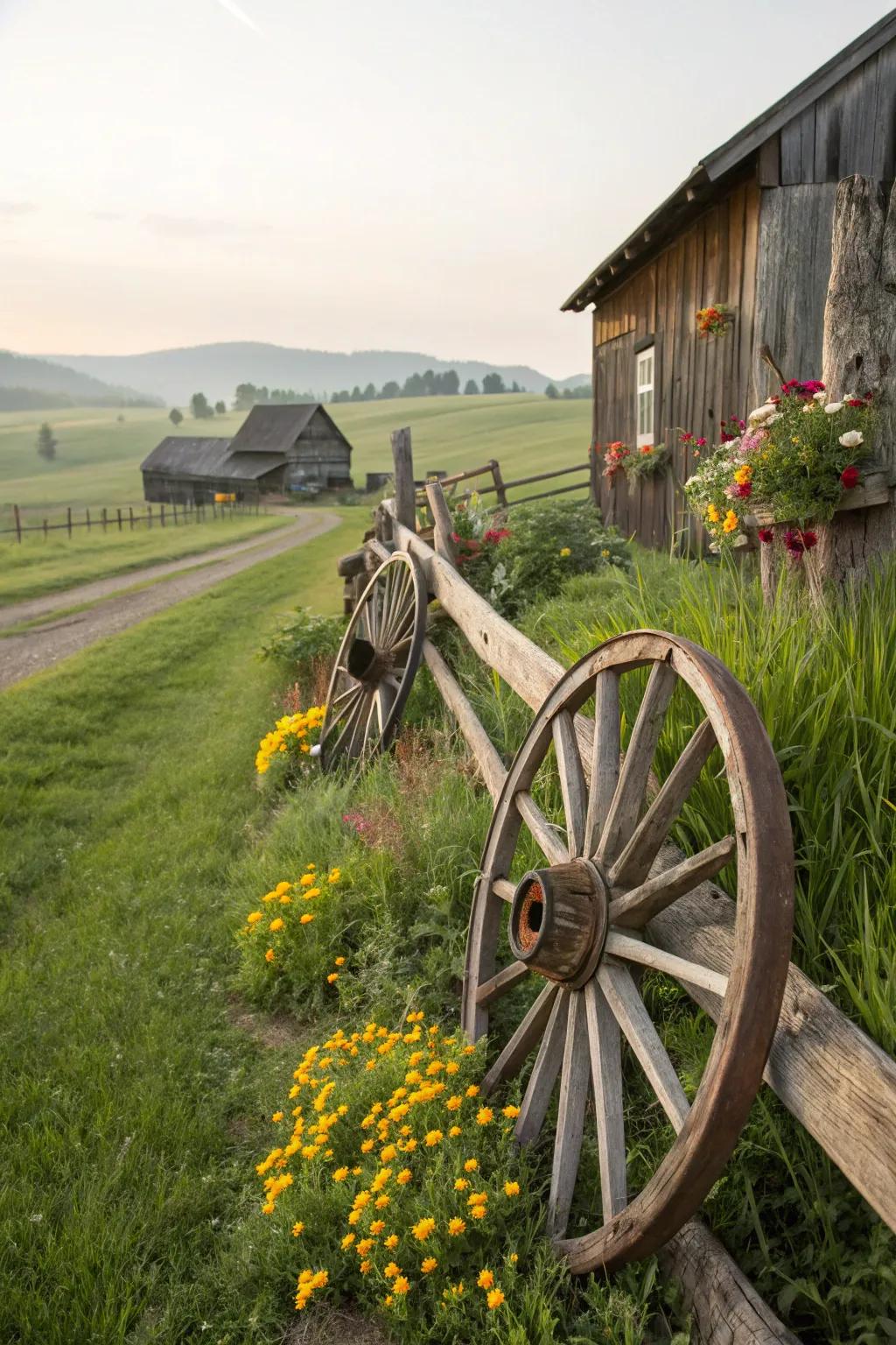 Wagon wheel decor adds a rustic and authentic farm atmosphere to the party.