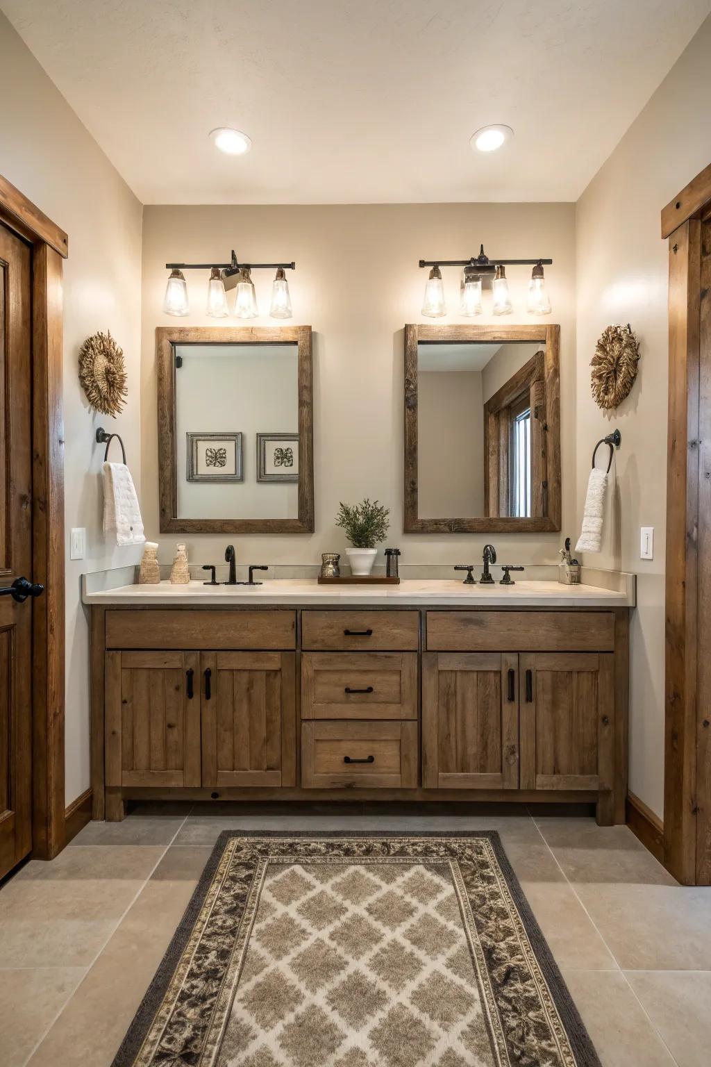 Balance generates stability and concord in a farmhouse bathroom.