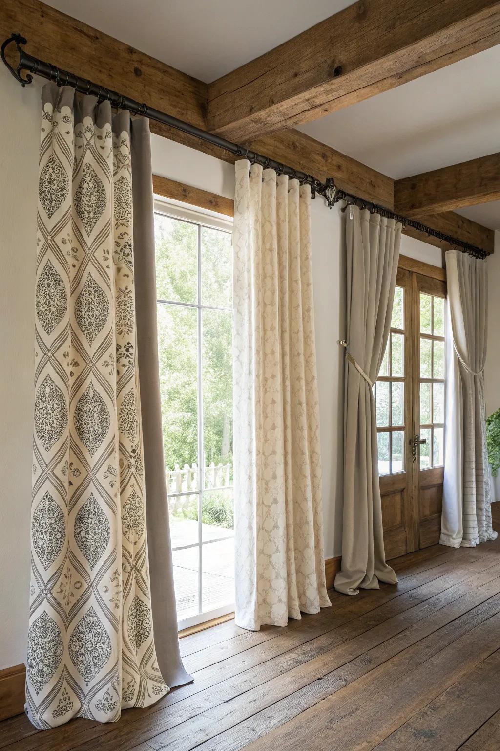 Modern farmhouse curtains blending traditional patterns with contemporary colors.
