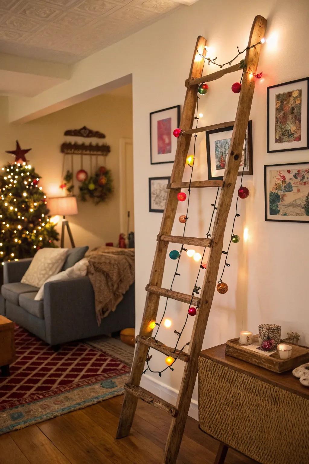 Artistic wall decor fashioned from a rustic ladder