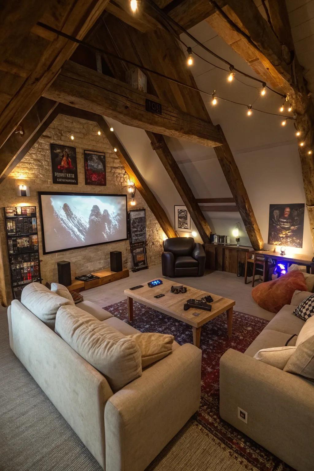 An attic gaming loft designed for entertainment and fun.