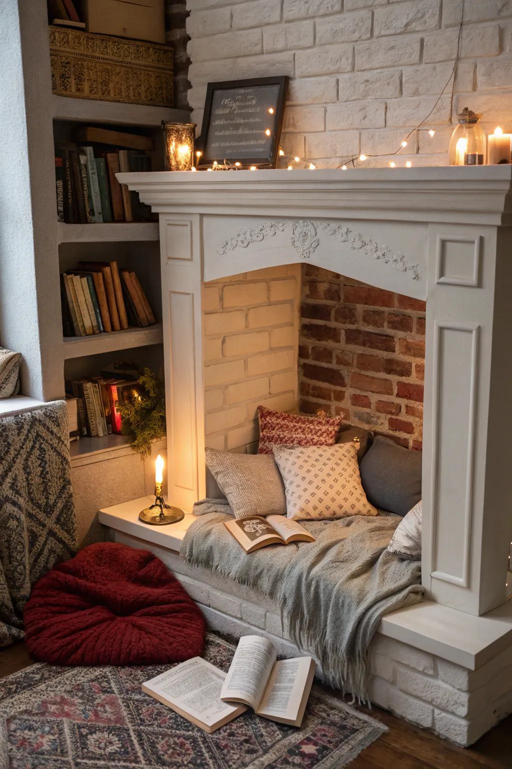 A cozy fireplace nook is the perfect place for a reading session.