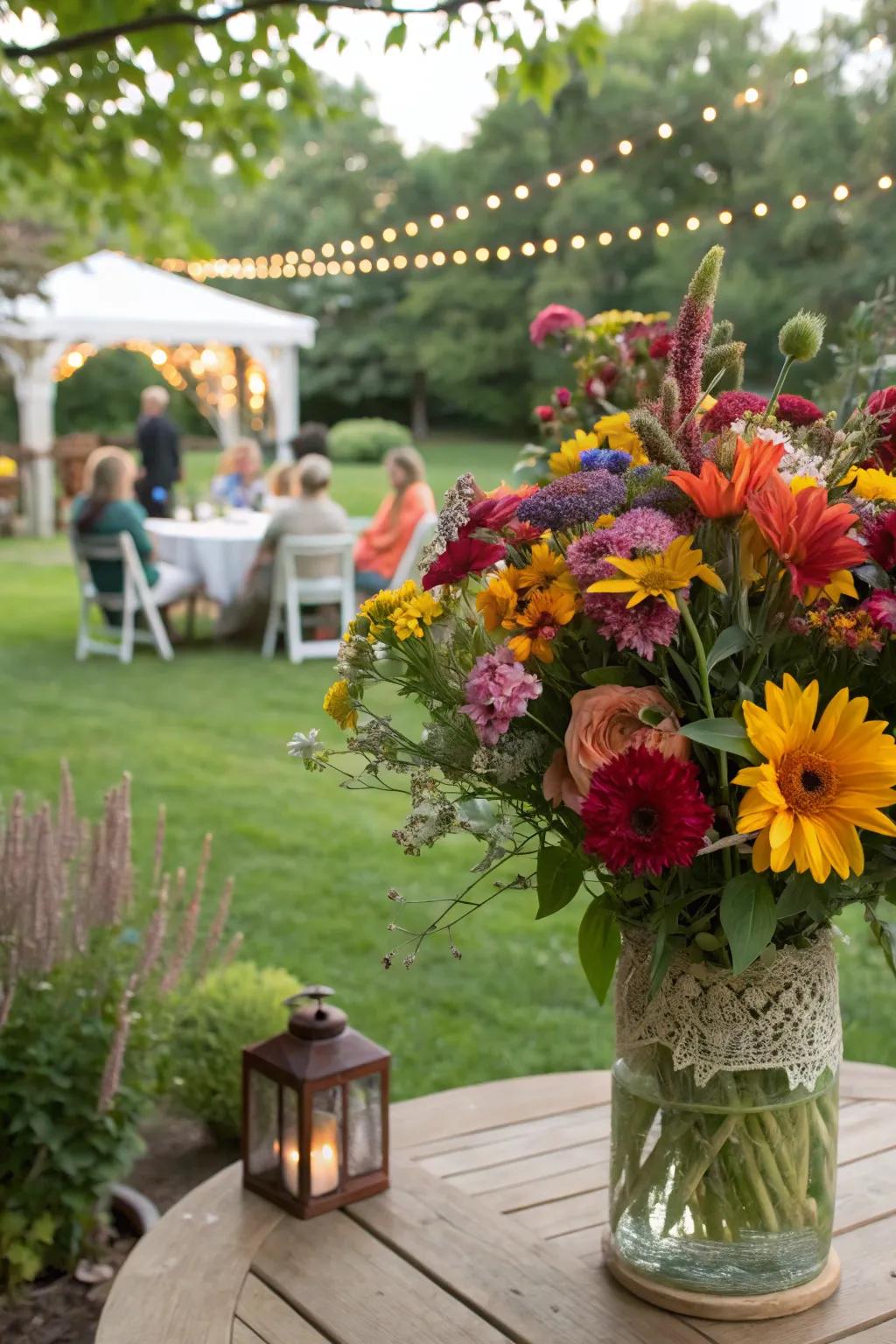 A garden party bouquet adding festive cheer to an outdoor space.