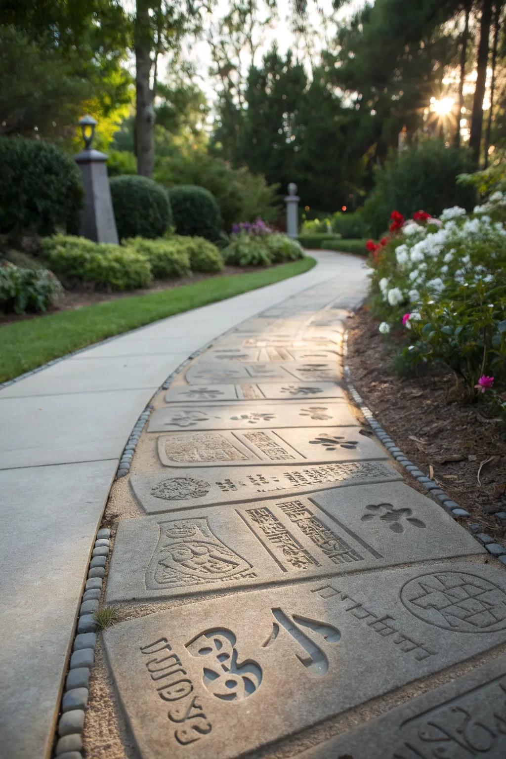 A personalized path featuring custom imprints in stone.
