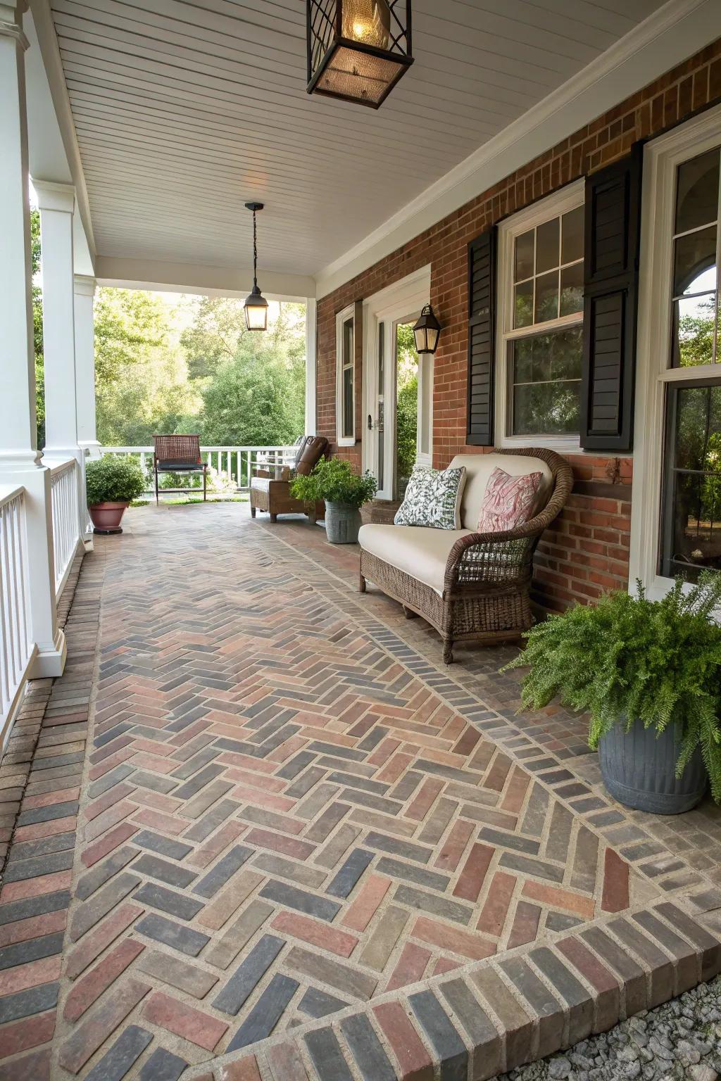 Angled arrangements inject a fashionable and audacious touch to porch flooring.